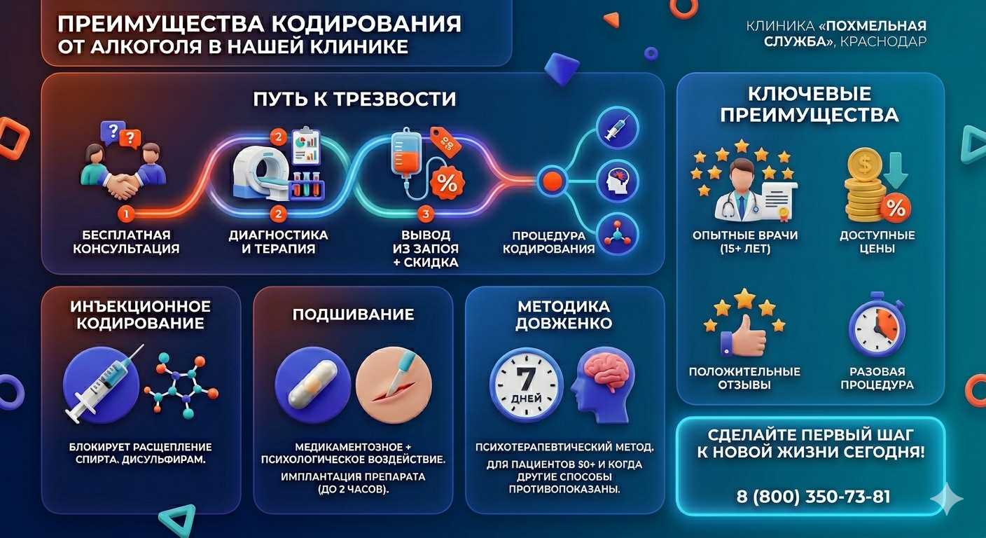 Инфографика о методах кодирования от алкоголя в Крутихе: инъекции, подшивание, метод Довженко. Преимущества клиники и этапы лечения.