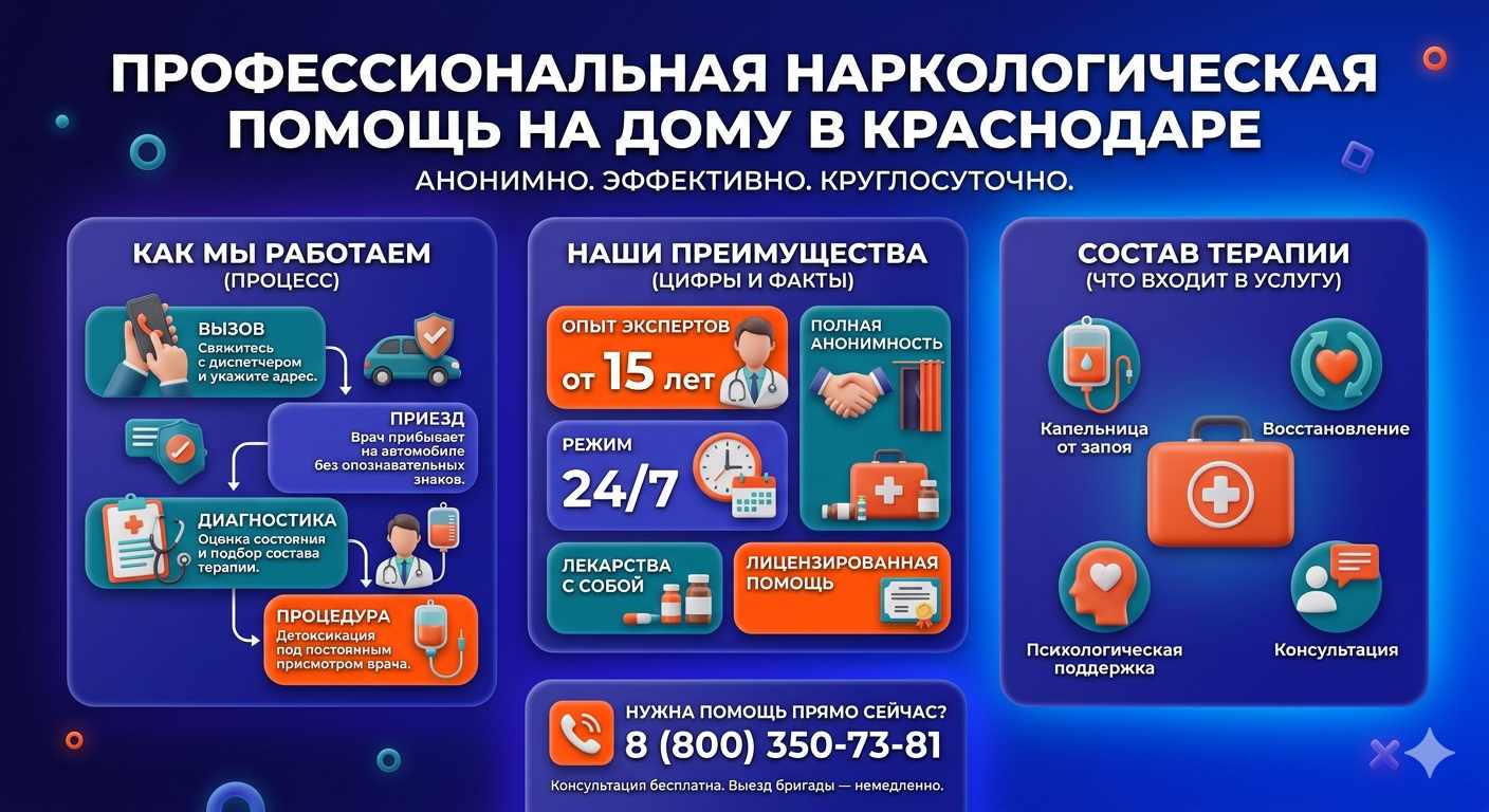 Инфографика о принципах лечения алкоголизма на дому в Крутихе: этапы вызова нарколога, преимущества анонимной детоксикации и состав медицинской помощи.